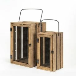 Vente flash ???? Lanternes En Bois Et Verre Avec Anse L 28 X H 60 + L 20 X H 36 Cm ????