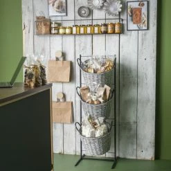 Budget 🌟 Présentoir Métallique Avec 3 Paniers En Rattan 41x37xH116cm 😀 -LED Shop presentoir metallique avec 3 paniers en rattan 41x37xh116cm 03