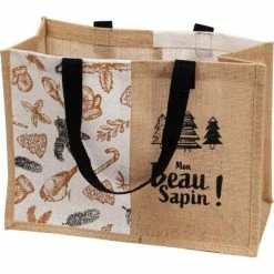 Meilleure vente ???? Sac Jute Naturel Deco Sapin Noir Et Blanc, 2 Anses Noires -37x19x27 Cm - Par 70 ????