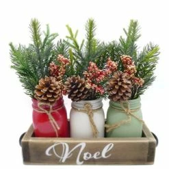 Meilleur prix ???? Vases Assortis Avec Branchages Sapin Sur Présentoir En Bois 28x11x6,5cm ⭐